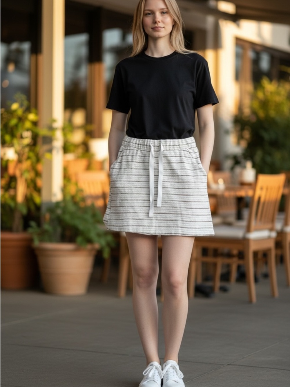 Loft Skirt Cream and Brown with Textured Drawstring Size Medium